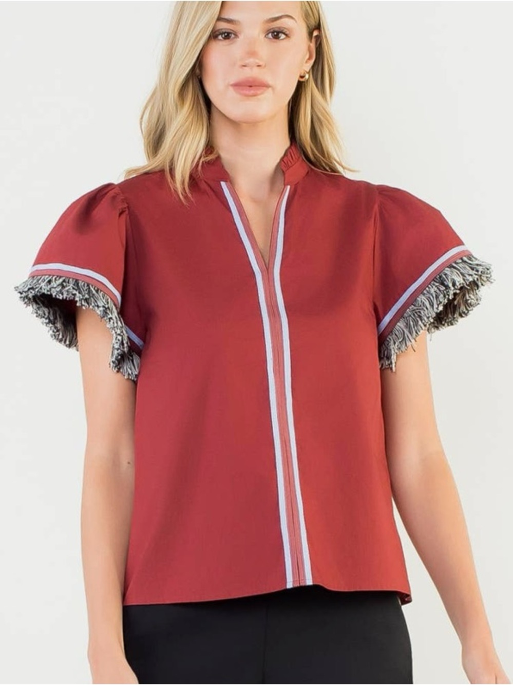 THML Brick Red Fringe Sleeve Short-Sleeve Blouse - Picture 2 of 8
